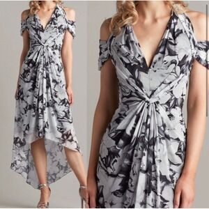 Tadashi Shoji‎ New Cobie Cold Shoulder Gray Black Floral Gown Dress Size 12
